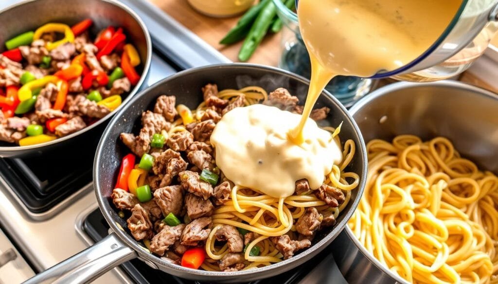 Philly Cheesesteak Pasta Cooking Process